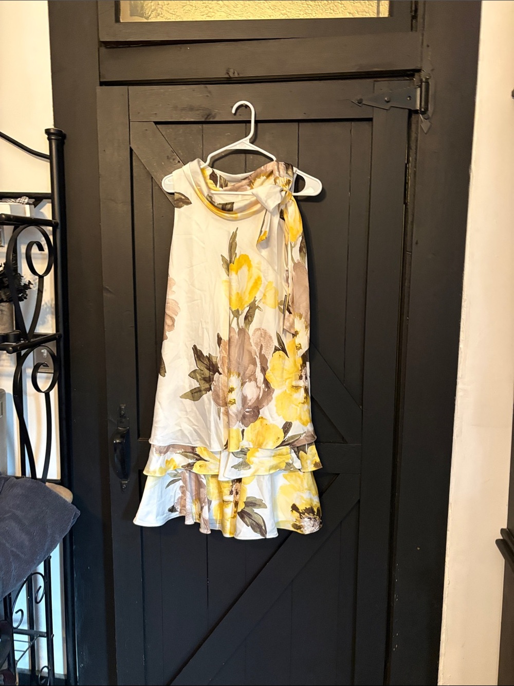 Signature by Robbie Bee Cream Floral Halter Tiered Dress with Yellow Accents